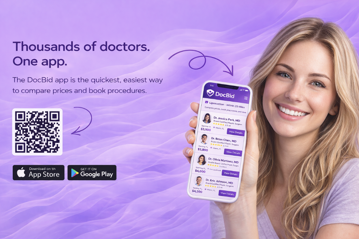 DocBid app promo with QR code